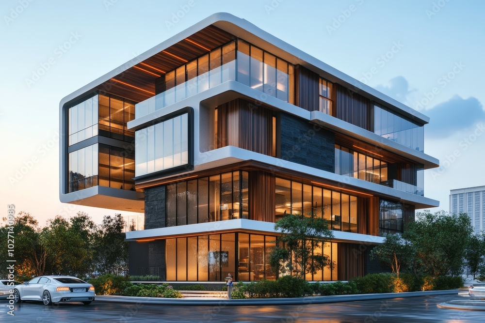 Modern architectural building with large windows and a sleek design in a city setting. Modern architectural building with large windows and a sleek design in a city setting.