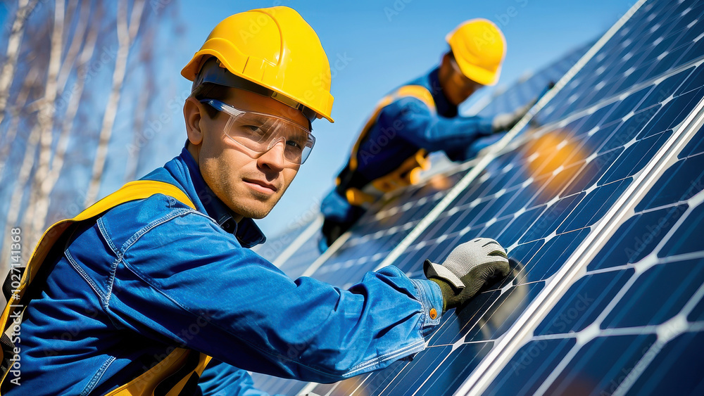 Engineers working on solar panels at a solar farm, showcasing teamwork and renewable energy innovation. Engineers working on solar panels at a solar farm, showcasing teamwork and renewable energy innovation.