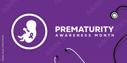 November is Prematurity Awareness Month. Baby, ribbon and stesthoscope. Great for cards, banners, posters, social media and more. Purple background. 