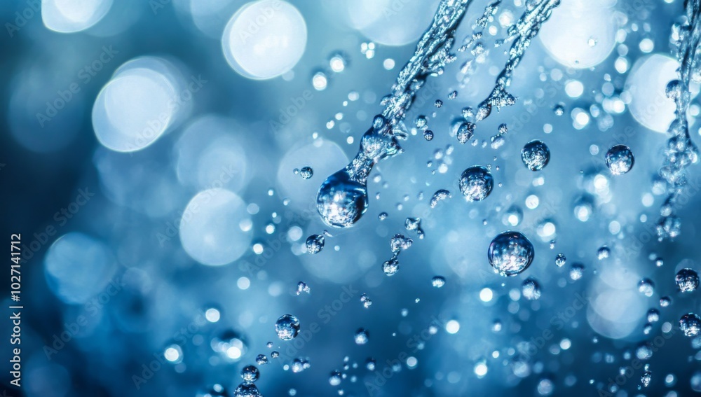 Close-up of water droplets falling against a blue bokeh background. Close-up of water droplets falling against a blue bokeh background.