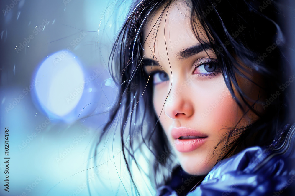 Fototapeta premium A striking close-up portrait of a woman with wet hair, showcasing her captivating eyes and serene expression, captured in soft, natural light.