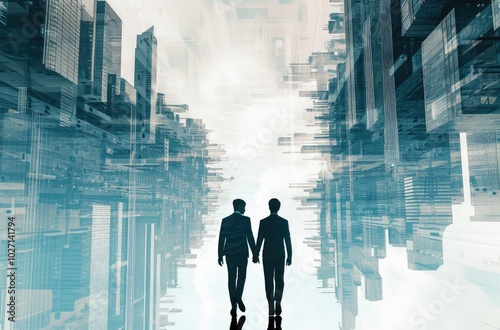 Business Couple in a Futuristic Urban Landscape