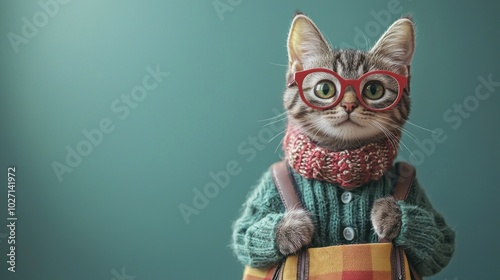 A cat wearing glasses and a sweater is holding a bag