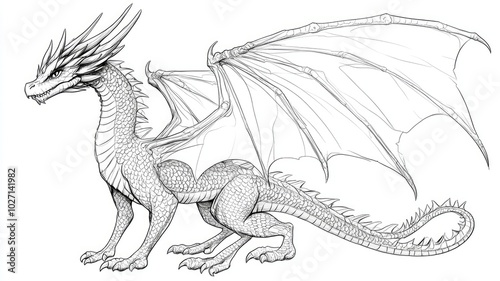 A majestic dragon with detailed features and outstretched wings depicted in a black and white sketch