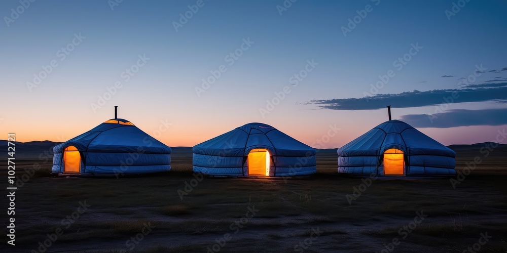 Mongolian Yurts Glowing at Dusk in Remote Wilderness