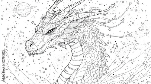 A detailed illustration of a dragon surrounded by stars and planets in a cosmic setting