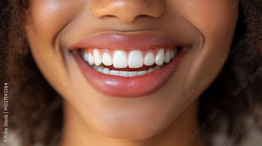 Close-up of a woman's smiling mouth, showcasing healthy white teeth and pink lips. Close-up of a woman's smiling mouth, showcasing healthy white teeth and pink lips.
