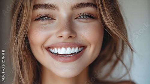 Close-up portrait of a young woman with a bright, white smile.