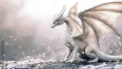 A majestic dragon with detailed features and outstretched wings depicted in a black and white sketch