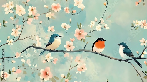 Whimsical birds perched on tree branches covered with blooming flowers in a pastel spring scene