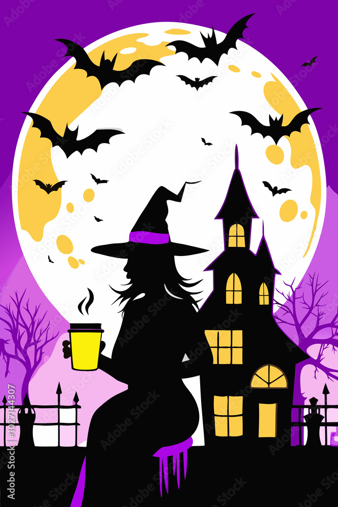 Silhouette of a witch enjoying a hot drink with bats and a spooky house in the background Silhouette of a witch enjoying a hot drink with bats and a spooky house in the background