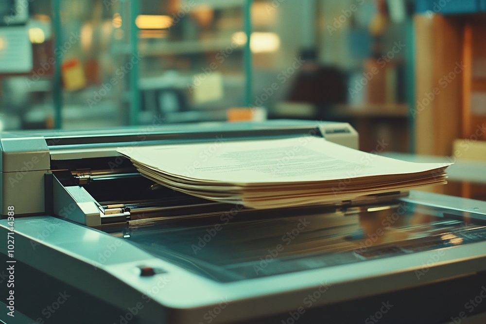 Close-up of a document scanner with a stack of paper on the tray. Close-up of a document scanner with a stack of paper on the tray.