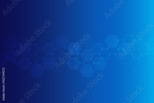 Hexagons pattern on blue background. Genetic research, molecular structure. Chemical engineering. Concept of innovation technology. Used for design healthcare, science and medicine background