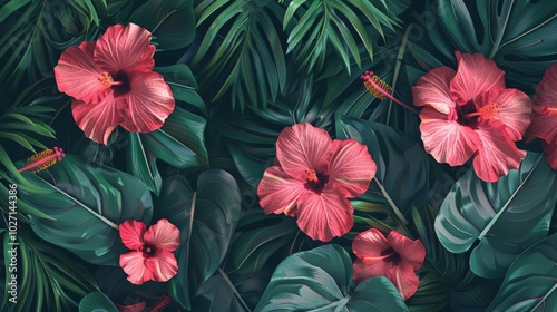 seamless pattern with hand-drawn compositions of tropical flowers