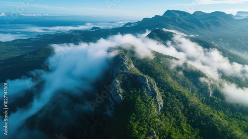 Misty Mountain Range at Sunrise Aerial View