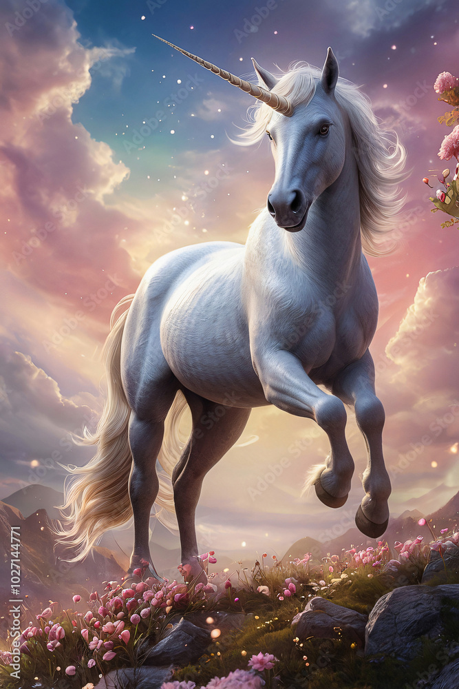 Naklejka premium A majestic white unicorn gallops forward across a meadow of vibrant grass and colorful flowers. Behind, dramatic pink clouds shimmer with glitters, while a distant mountain ranges in the background.