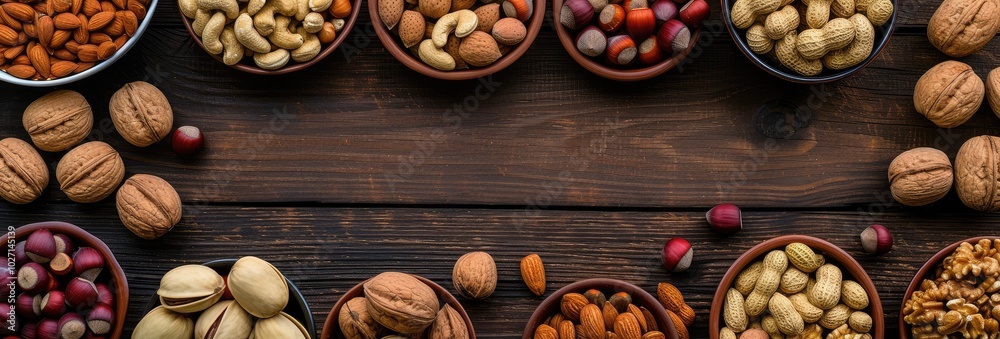 Variety of Nuts in Bowls on Rustic Wooden Table Variety of Nuts in Bowls on Rustic Wooden Table