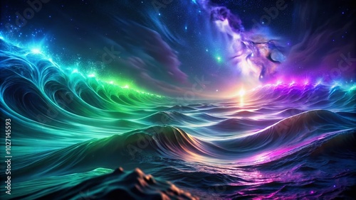 Abstract Glowing Waves in the Dark - Panoramic Photography for Modern Art Enthusiasts