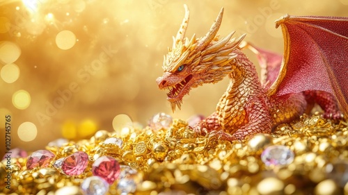 A mythical dragon rests on a pile of glittering gold and jewels in a fantasy treasure scene