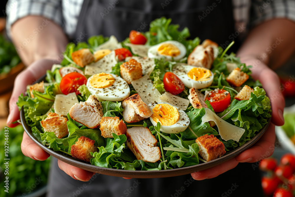 A bowl of Caesar salad with romaine lettuce, croutons, cherry tomatoes, hard-boiled eggs, and Parmesan cheese. A bowl of Caesar salad with romaine lettuce, croutons, cherry tomatoes, hard-boiled eggs, and Parmesan cheese.