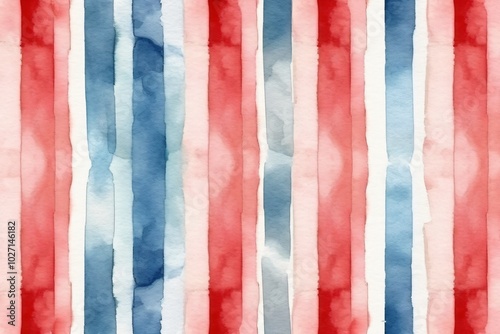Red, blue and white watercolor vertical stripes background 