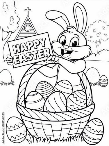 Cheerful Easter Bunny with Happy Easter Sign Holding Basket of Decorated Eggs Against Church Background. Easter Coloring Page For Kids, line art illustration.
