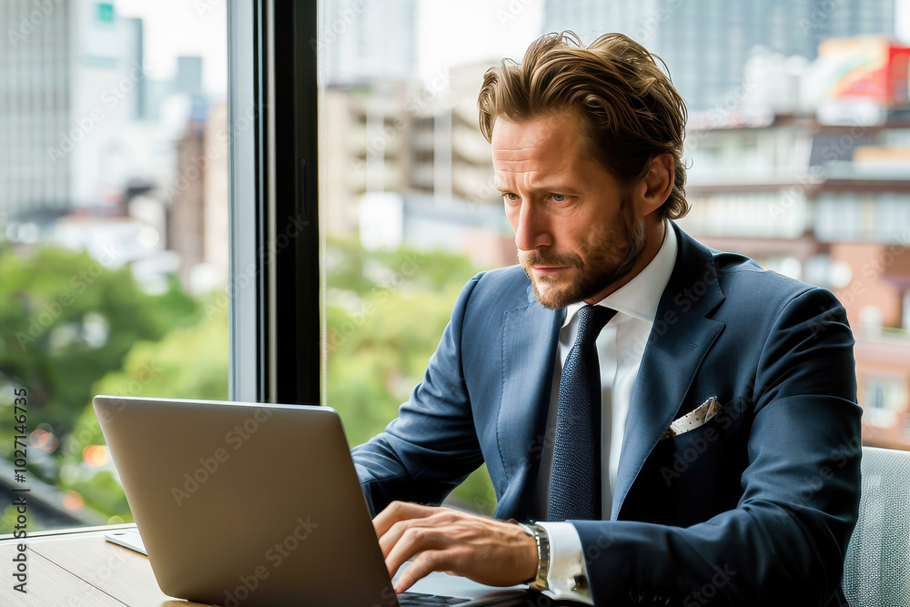 A focused businessman working on a laptop in a modern office setting with a city view. A focused businessman working on a laptop in a modern office setting with a city view.