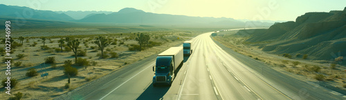 Semi-Trucks Driving Across Desert Highway Scenery