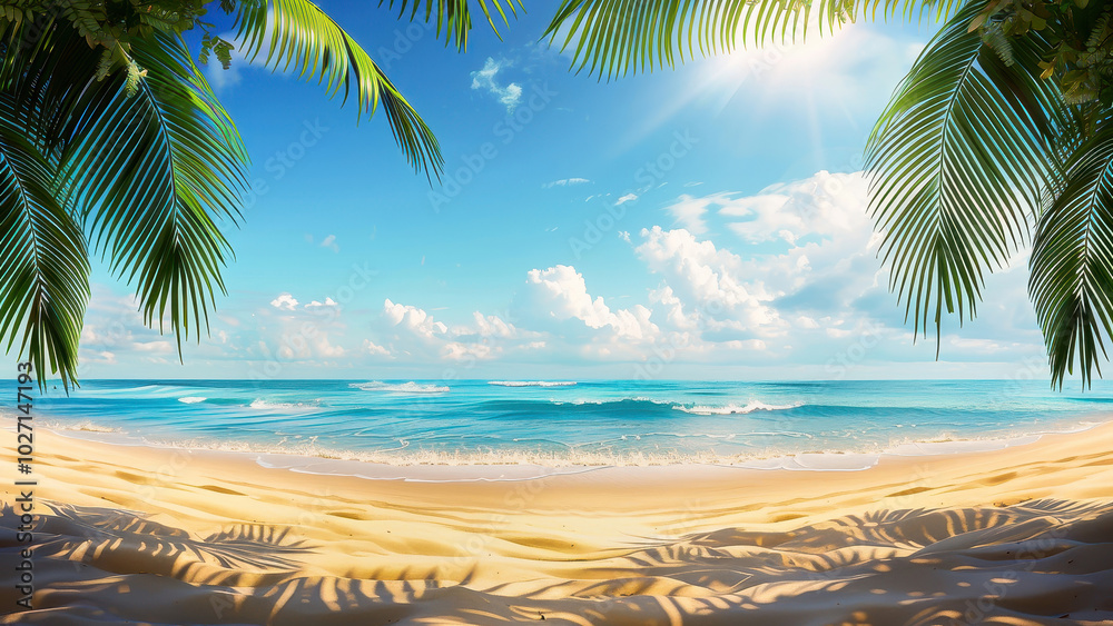 Fototapeta premium A stunning tropical beach scene with clear blue skies and palm trees, perfect for vacation and travel inspiration.