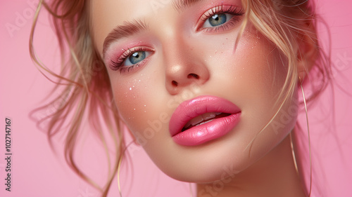 High-resolution close-up shot of luscious pink lips, beautifully highlighted against a soft background. Perfect for beauty blogs and makeup tutorials,