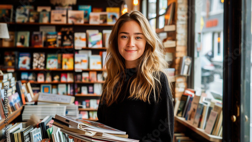 A young woman is happily browsing books in a cozy bookstore. She is surrounded by shelves filled with literature, embodying a love for reading and knowledge.