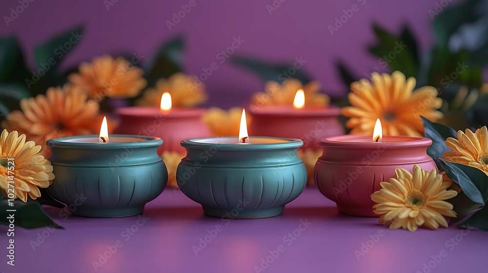 Symmetrical arrangement of lit clay diya lamps in red orange and green paired with vibrant yellow flowers all set against a smooth purple background with soft lighting highlighting the setup Symmetrical arrangement of lit clay diya lamps in red orange and green paired with vibrant yellow flowers all set against a smooth purple background with soft lighting highlighting the setup
