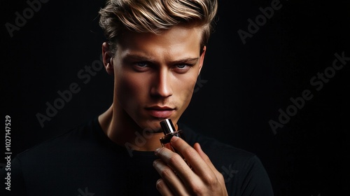 attractive young man using perfume against a dark background