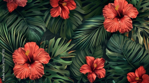 seamless pattern with hand-drawn compositions of tropical flowers