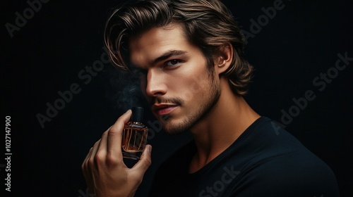 attractive young man using perfume against a dark background