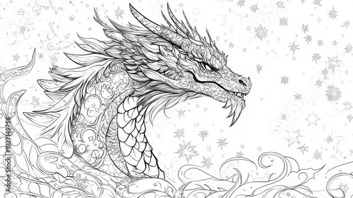 A detailed illustration of a majestic dragon surrounded by swirling waves and stars