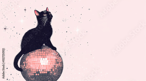 Black cat seeting on disco ball party style photo