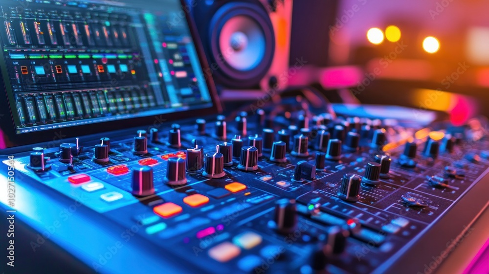Fototapeta premium Control desk for a modern music recording studio featuring a laptop screen displaying the digital audio workstation software's user interface. Mixer, Professional Equipment, and Equalizer.