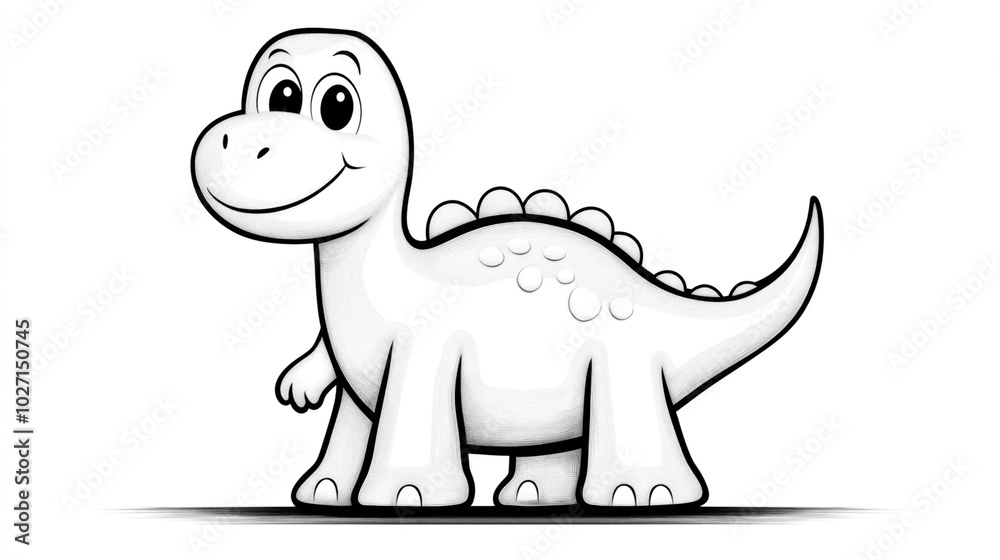 Naklejka premium Black and white illustration of a cute cartoon dinosaur with a smiling expression, featuring a simple design and rounded features. The dinosaur has small spikes on its back and a long tail.