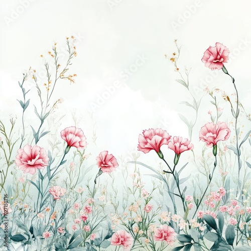 Abstract watercolor Carnation flowers and leaves and wild flowers at footer background, pastel color 