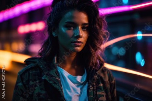 A young beautiful woman wearing a jacket with a neon light on a city street