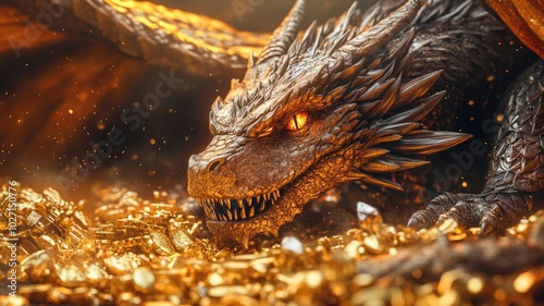 Majestic dragon guarding a treasure hoard in a mystical cave filled with shimmering gold