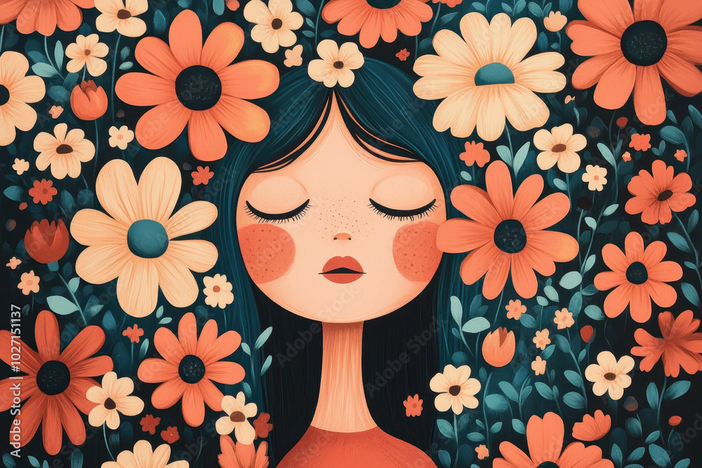 Illustration of Girl Surrounded by Flowers, Serene and Dreamlike Scene Illustration of Girl Surrounded by Flowers, Serene and Dreamlike Scene