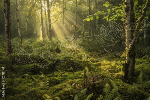 A forest with a spider web in the middle, generative ai image