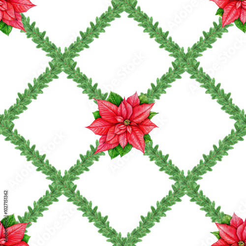 Christmas time festive floral seamless pattern in traditional colors. Watercolor vintage style illustration. Hand drawn winter season bright seamless pattern element on white background photo