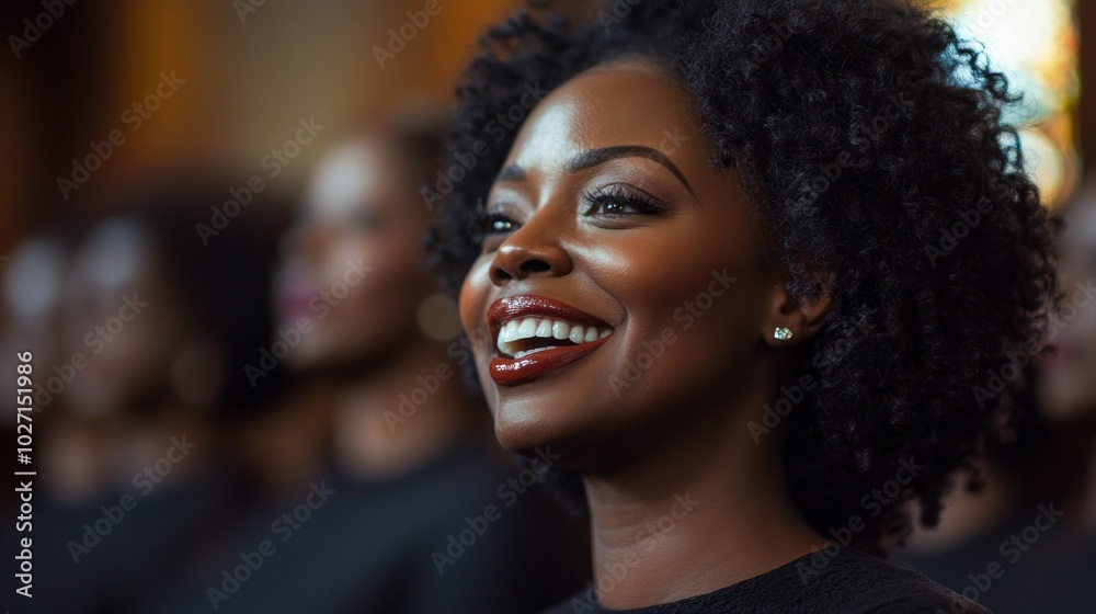 A woman with curly hair is smiling and wearing red lipstick A woman with curly hair is smiling and wearing red lipstick