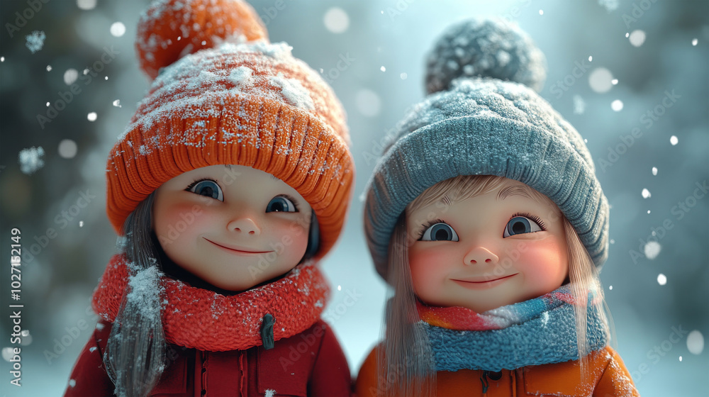 Happy children in winter hats smiling and enjoying the snow Happy children in winter hats smiling and enjoying the snow