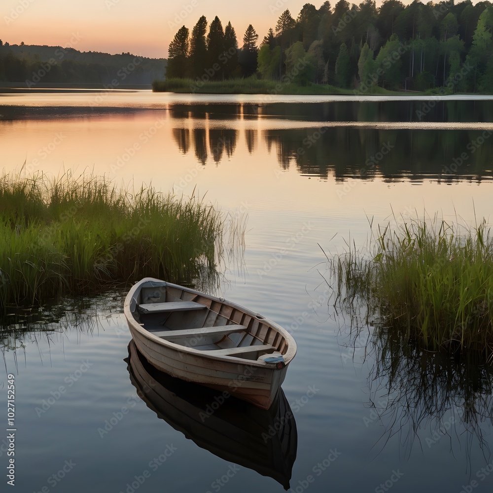 Obraz premium A serene sunset over a calm lake, with the sky's colors reflecting in the water. 