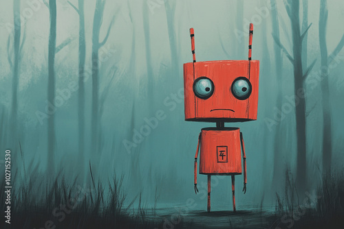 Lonely orange robot standing in misty forest, moody and surreal digital illustration