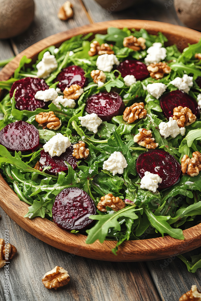 Delicious Beetroot Arugula Salad with Walnuts and Feta Cheese in Rustic Ceramic Bowl - Fresh Vegetarian Food on Dark Background with Copy Space Delicious Beetroot Arugula Salad with Walnuts and Feta Cheese in Rustic Ceramic Bowl - Fresh Vegetarian Food on Dark Background with Copy Space
